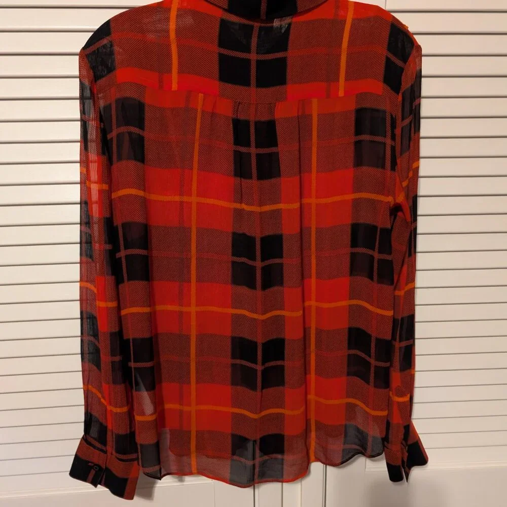 Kate Spade Plaid Silk Chiffon Ruffled Blouse, Size 10 - Picture 2 of 13